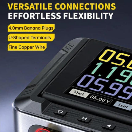 FNIRSI Portable Adjustable Power Supply for Daily Electronics Use showing colorful digital display and versatile 4.0mm banana plug connections