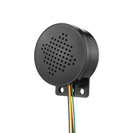 Vehicle Safety Voice Alert System with Door and Start Reminders - black circular audio alert buzzer with mounting bracket and colored wires