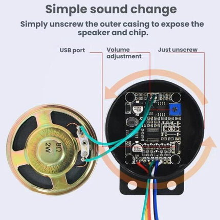 Vehicle Safety Voice Alert System with Door and Start Reminders showing opened casing, speaker, circuit board and volume adjustment screw