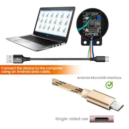 Vehicle Safety Voice Alert System with Door and Start Reminders connected to laptop via Android MicroUSB cable showing module and braided USB cable