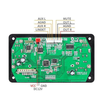 FIHI Bluetooth MP3 Audio Player for Wireless Music Streaming internal circuit board close-up showing connectors and labeled VCC GND AUX OUT