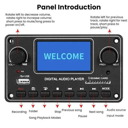 FIHI Bluetooth MP3 Audio Player for Wireless Music Streaming front panel with welcome screen, volume and track knobs, USB, SD slot, and control buttons