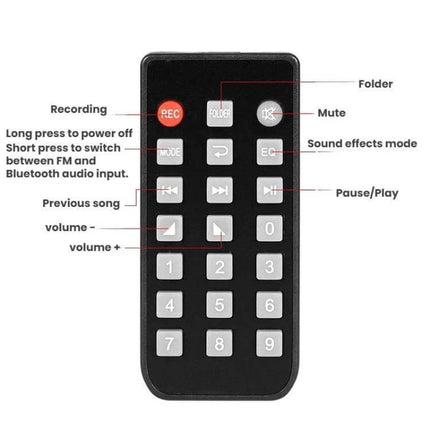 FIHI Bluetooth MP3 Audio Player for Wireless Music Streaming remote control with labeled buttons for play pause volume FM Bluetooth and recording