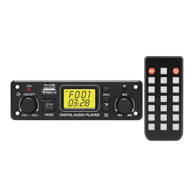 Bluetooth MP3 Decoder Board for Car Audio Systems front view with USB, display and remote control