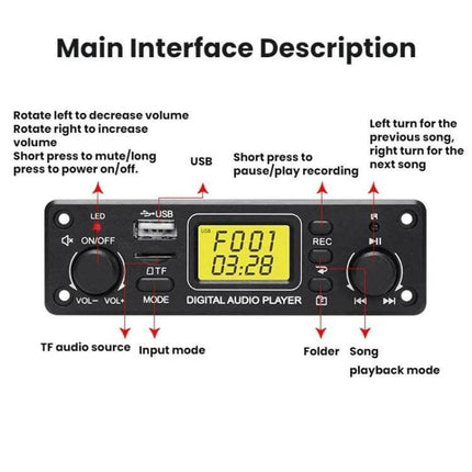 Bluetooth MP3 Decoder Board for Car Audio Systems front panel showing USB, TF slot, volume and mode controls
