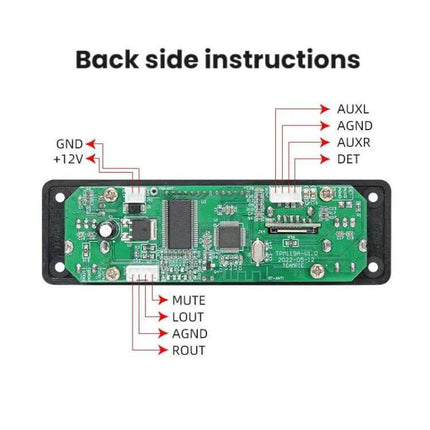 Bluetooth MP3 Decoder Board for Car Audio Systems showing back-side wiring labels GND +12V AUXL AGND AUXR DET MUTE LOUT ROUT