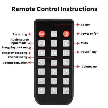 Bluetooth MP3 Decoder Board for Car Audio Systems remote control showing buttons for play/pause, volume, folder, recording, mode, mute, and numeric keys