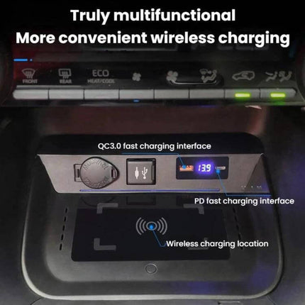 Wireless Car Charger With Digital Display For Everyday Driving showing wireless charging pad, digital voltage display, QC3.0 and PD fast charging ports