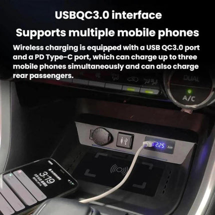 Wireless Car Charger With Digital Display For Everyday Driving showing Qi pad, USB QC3.0 port, PD Type-C, wired charging and digital battery level in car