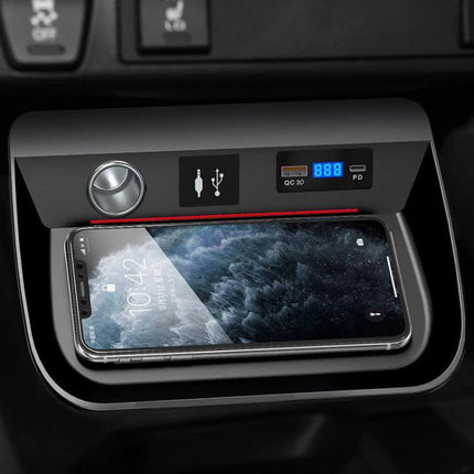 Wireless Car Charger With Digital Display For Everyday Driving - hands-free Qi charging pad mounted in car console showing digital charge status and phone secured
