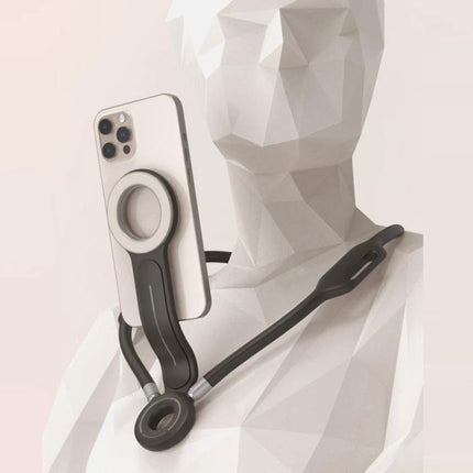 Magnetic Neckband Phone Holder for Outdoor Selfies and Streaming showing black neckband holding smartphone hands-free for hiking vlogs and streaming