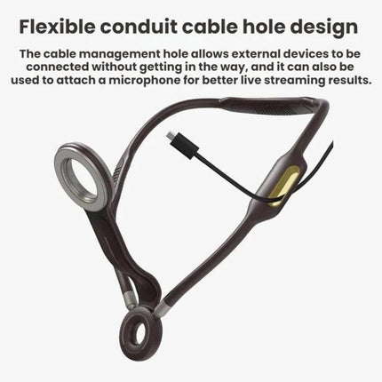 Magnetic Neckband Phone Holder for Outdoor Selfies and Streaming showing flexible conduit cable hole design for hands-free streaming and microphone attachment