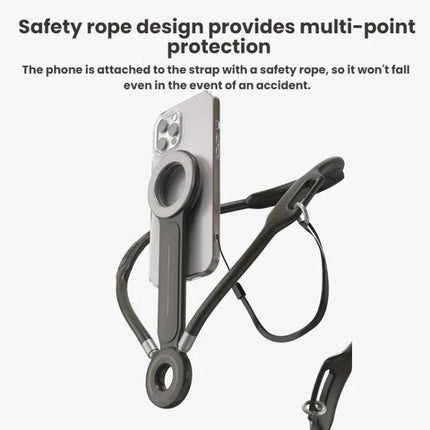 Magnetic Neckband Phone Holder for Outdoor Selfies and Streaming showing safety rope neckband securing smartphone for hands-free outdoor selfies and streaming
