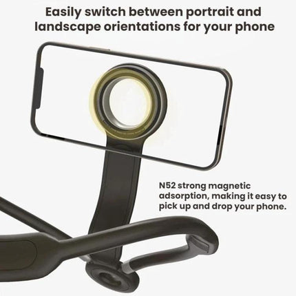 Magnetic Neckband Phone Holder for Outdoor Selfies and Streaming showing phone mounted with portrait and landscape orientations via strong N52 magnet