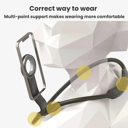 Magnetic Neckband Phone Holder for Outdoor Selfies and Streaming shown worn around neck holding smartphone hands-free for hiking and vlogging