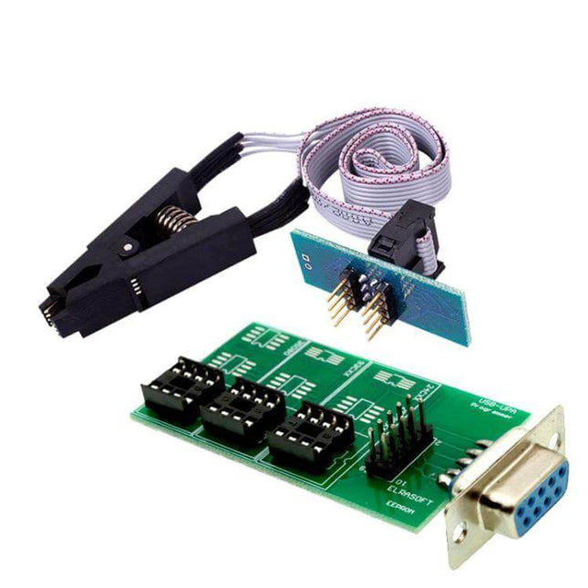 UPA USB Eeprom Adapter for Xprog ECU Programming with SOP8 showing clip, ribbon cable and adapter board for EEPROM read/write