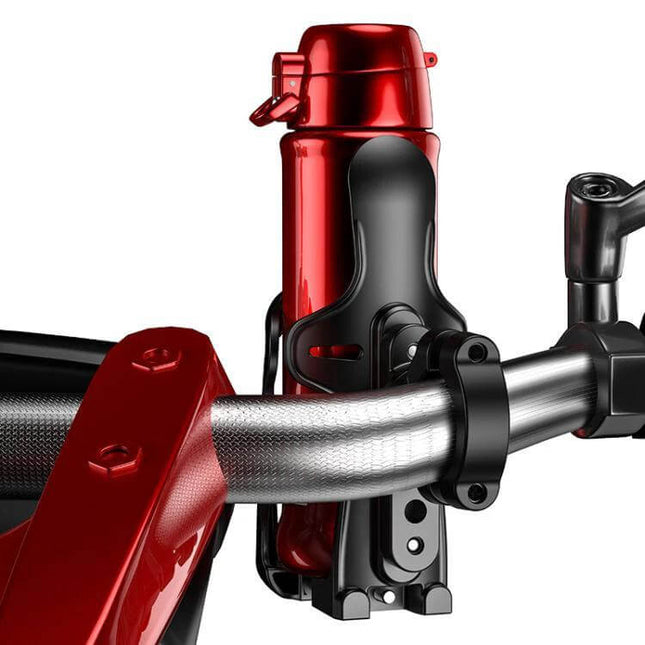 Bike and Motorcycle Water Bottle Holder for Easy Hydration on the Move - red bottle mounted on bike handlebar, tool-free clamp, anti-wobble design