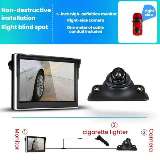 Compact 5-Inch LED Car Display for Reversing Assistance showing 5-inch monitor and right-side camera with 1080p, 6-layer lens for parking safety