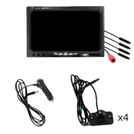 7-Inch Split-Screen Car Display for Reversing Assistance showing monitor, four camera connectors, cigarette power adapter and backup camera kit