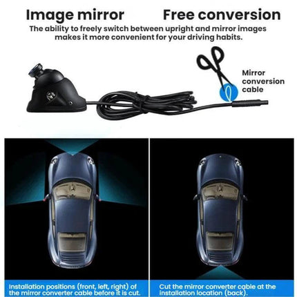 7-Inch Split-Screen Car Display for Reversing Assistance showing mirror conversion cable and installation positions for front, left, right cameras