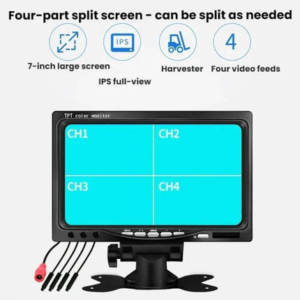 7-Inch Split-Screen Car Display for Reversing Assistance showing four-channel split screen monitor with IPS 7-inch HD rearview display