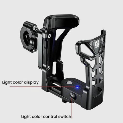 Bicycle Cup Holder With 5 Color Ambient Lights For Bicycles And Motorcycles showing black adjustable mount, light color display and control switch