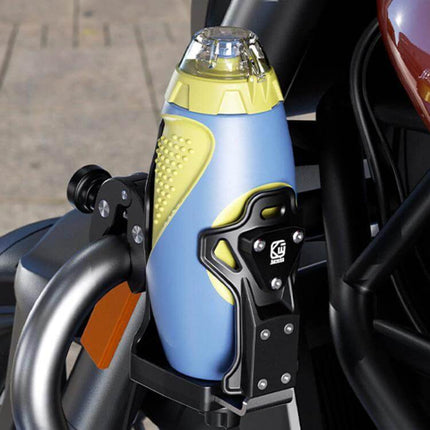 Bicycle Water Bottle Cage For Daily Use With Large Capacity mounted on motorcycle handlebar with anti-theft clamp and adjustable aluminum rod