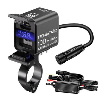 Motorcycle Dual-Way Phone Charger With Digital Display - CNC aluminum alloy, dual outputs, LED voltage readout, waterproof handlebar mount