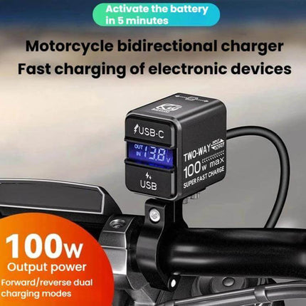 Motorcycle Dual-Way Phone Charger With Digital Display mounted on handlebar showing LED readout and dual USB outputs