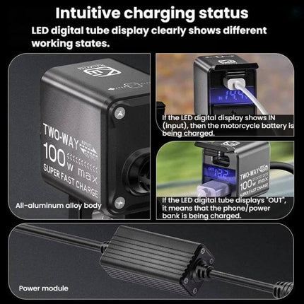 Motorcycle Dual-Way Phone Charger With Digital Display showing LED readout, dual outputs, CNC aluminum alloy body, and waterproof power module