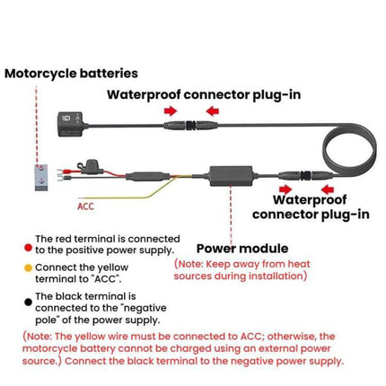 Motorcycle Dual-Way Phone Charger With Digital Display showing waterproof connector plug-in, power module and wiring diagram for battery and ACC connections