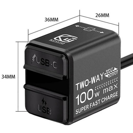 Motorcycle Dual-Way Phone Charger With Digital Display CNC aluminum alloy dual-output USB-C and USB ports with LED readout, waterproof 100W max compact unit