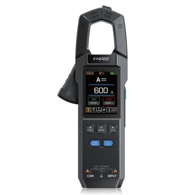 FNIRSI Automatic Current Clamp Multimeter for Electrical Testing showing clamp meter measuring 600A on digital display