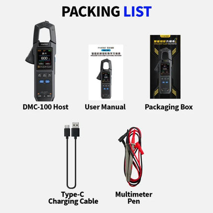 FNIRSI Automatic Current Clamp Multimeter for Electrical Testing showing DMC-100 host, user manual, packaging box, Type-C cable and multimeter pen