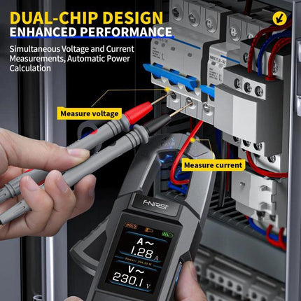 FNIRSI Automatic Current Clamp Multimeter for Electrical Testing measuring voltage and current in an electrical panel for diagnostics