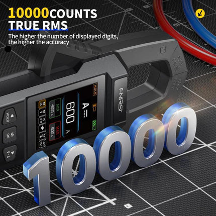 FNIRSI Automatic Current Clamp Multimeter for Electrical Testing showing 10000 counts True RMS display and clamp design