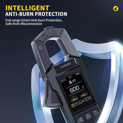 FNIRSI Automatic Current Clamp Multimeter for Electrical Testing showing clamp meter display measuring 600A with intelligent anti-burn protection