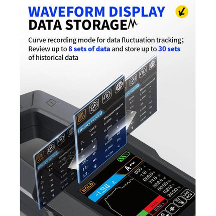 FNIRSI Automatic Current Clamp Multimeter for Electrical Testing showing waveform display and data storage feature on the device screen