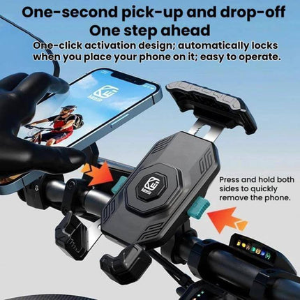 Kewig Motorcycle Phone Mount Quick-Release Clip For Handlebars showing one-handed quick-release on a motorcycle handlebar, locking phone securely (compact universal mount)