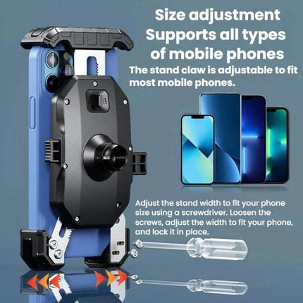 Kewig Motorcycle Phone Mount Quick-Release Clip For Handlebars shown holding smartphone with adjustable stand, one-handed quick release and mounting hardware