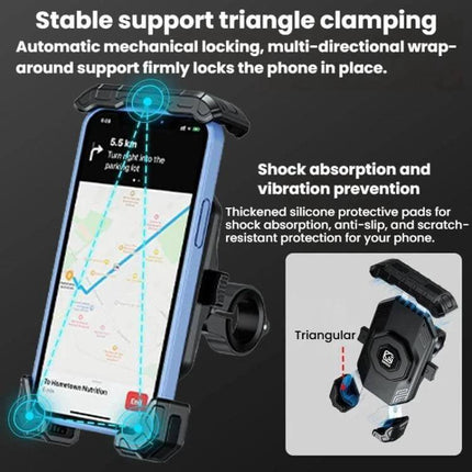 Kewig Motorcycle Phone Mount Quick-Release Clip For Handlebars showing phone in triangular clamp with shock absorption and one-handed release
