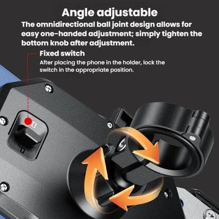 Kewig Motorcycle Phone Mount Quick-Release Clip For Handlebars showing adjustable omnidirectional ball joint and one-handed bottom knob lock