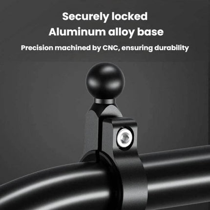 Kewig Motorcycle Phone Mount Quick-Release Clip For Handlebars showing aluminum alloy base with secure lock and CNC-machined ball mount on motorcycle handlebar