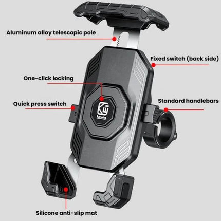 Kewig Motorcycle Phone Mount Quick-Release Clip For Handlebars - compact universal handlebar phone mount with one-handed quick-release and silicone anti-slip mat