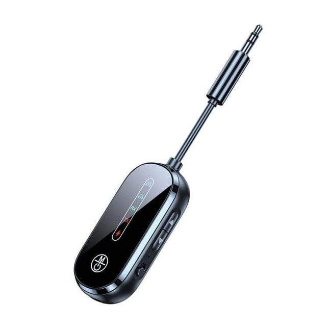 Universal Car Bluetooth Receiver and Transmitter 2-in-1 small black 3.5mm adapter for hands-free calls and dual-device audio streaming