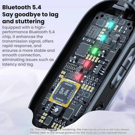 Universal Car Bluetooth Receiver and Transmitter 2-in-1 showing internal Bluetooth 5.4 chip and circuit board for stable wireless audio and hands-free calls