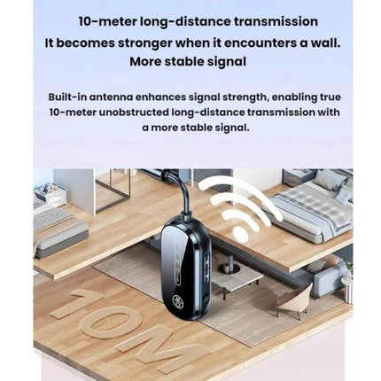 Universal Car Bluetooth Receiver and Transmitter 2-in-1 showing device plugged into car aux with 10-meter long-distance signal illustration
