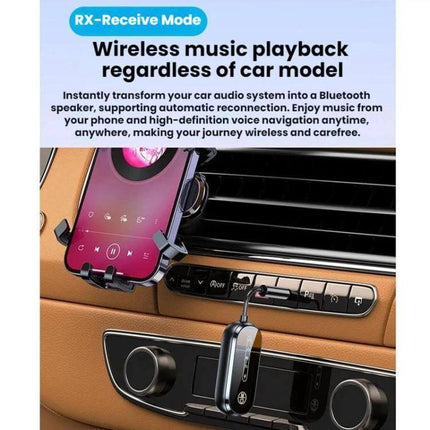 Universal Car Bluetooth Receiver and Transmitter 2-in-1 plugged into car aux port streaming music from phone for hands-free calls and Bluetooth RX mode