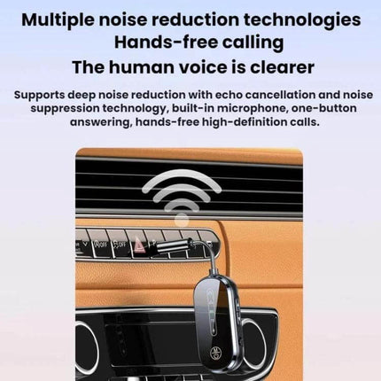Universal Car Bluetooth Receiver and Transmitter 2-in-1 shown plugged into car vent illustrating noise reduction and hands-free calling with Bluetooth signal