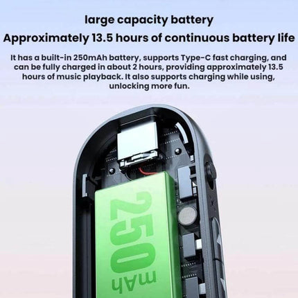 Universal Car Bluetooth Receiver and Transmitter 2-in-1 showing internal 250mAh battery and 13.5 hours continuous playtime